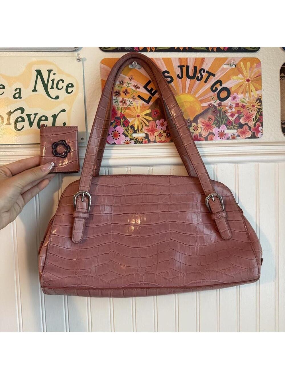 Dusty Rose Croc Embossed Shoulder Bag With Matching Holder